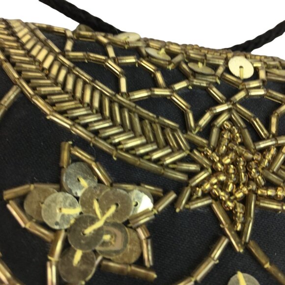 Vintage Black Velvet Purse Formal Evening u Handbag Crossbody or Clutch Gold Bea - Picture 4 of 4